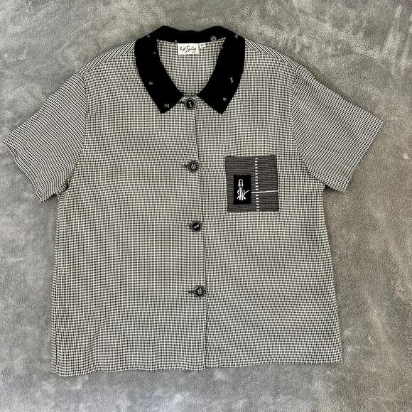 K.D. Spring Women’s M Dog Print Button Up Shirt USA Artsy Short Sleeve Retro VTG - Picture 1 of 8